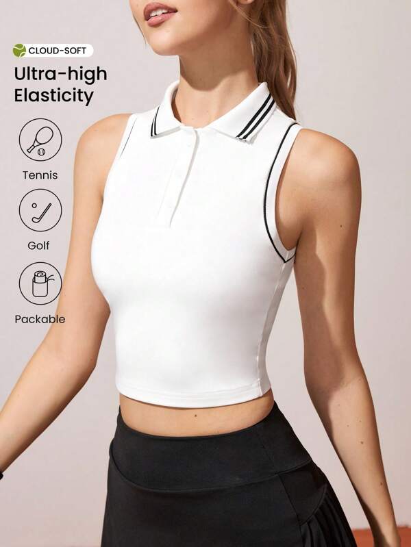 CourtClass 女式休闲撞色镶边领无袖运动 Polo 衫，夏季