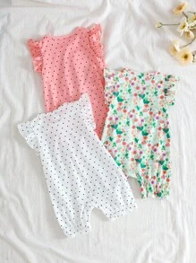 SHEIN Vintaside Kids 女婴三件套昆虫印花连体衣，荷叶边短袖和褶皱下摆，可爱夏季服装 - 彩色 - 查看 2