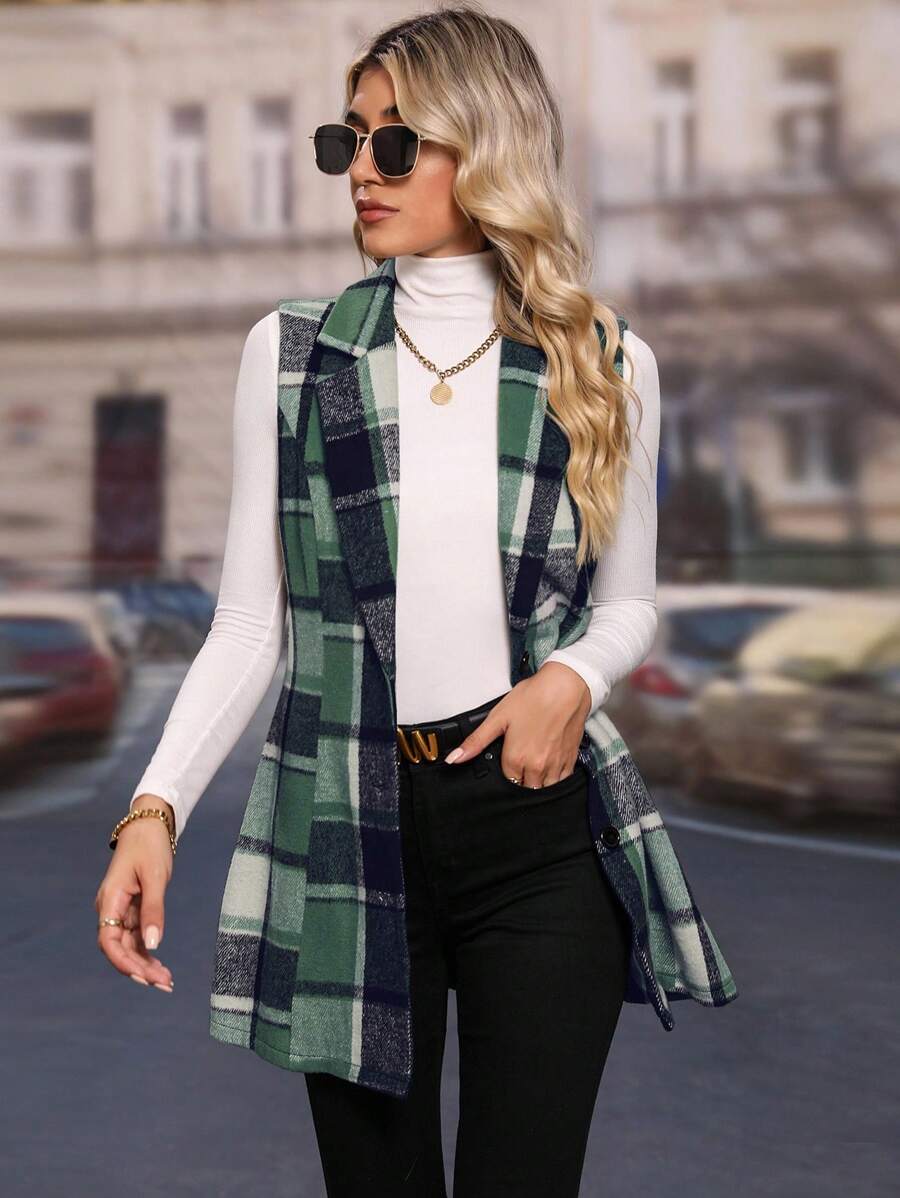 SHEIN LUNE Áo khoác vest không tay cổ ve kẻ caro cho nữ - màu xanh lá - Xem 1