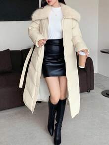 DAZY 女士休闲毛领拼接长袖冬季外套 - 米色 - 查看 4