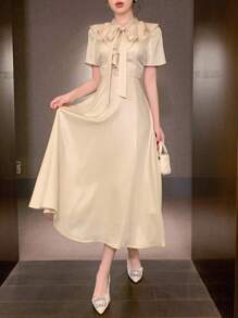 DAZY 1 chiếc váy dài vừa phải màu trơn có nơ và viền bèo nhún dành cho nữ, phong cách thanh lịch cho đầm dạ hội mùa hè - Màu be - Xem 1