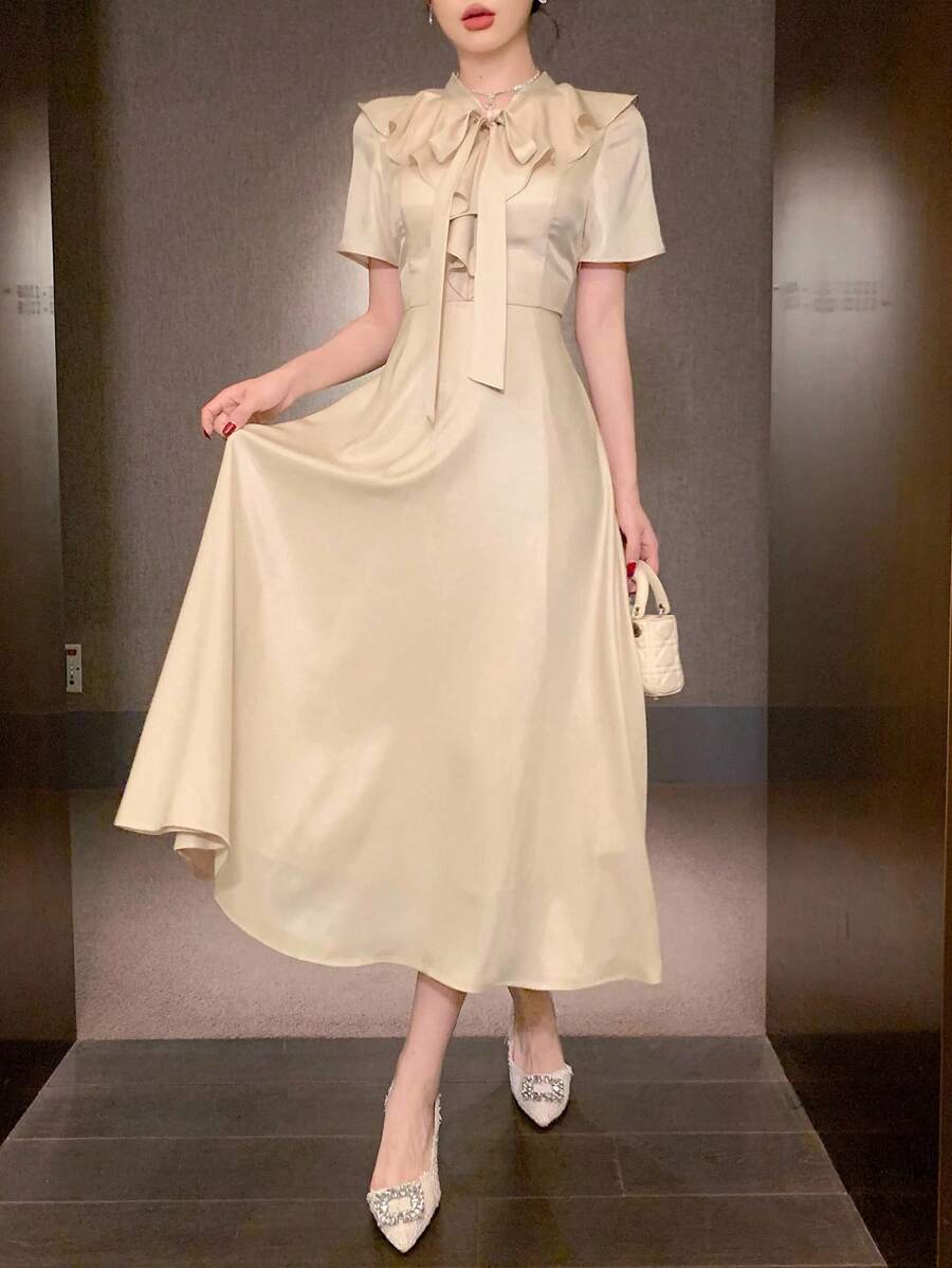 DAZY 1 chiếc váy dài vừa phải màu trơn có nơ và viền bèo nhún dành cho nữ, phong cách thanh lịch cho đầm dạ hội mùa hè - Màu be - Xem 1