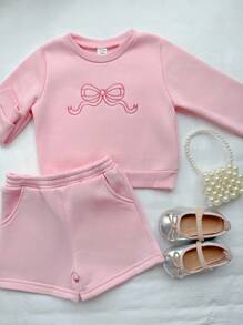 SHEIN Newborn Baby Girl 0-3Y Casual Cute Everyday Versatile Bow Embroidery Long Sleeve Fleece Sweatshirt + Shorts 2 Pieces Set Fall Winter - Pink - View 5