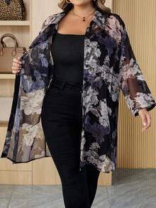 SHEIN CURVE+ 曲线加大码/秋季女装/冬季女装/冬季加大码女式浪漫休闲日常衬衫，飘逸长袖衬衫，商务休闲装，办公室装，教师装，飘逸上衣加大码透明 8xl 女式加大码花卉和服曲线和服/秋季/冬季 - 彩色 - 查看 10