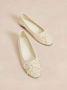 Rosivie Women Shoes Women's Flat Shoes Round Toe Silver Bow French Mary Jane Breathable Woven Hollow Buckle Strap Retro Casual Outdoor Shoes - Apricot - View 2