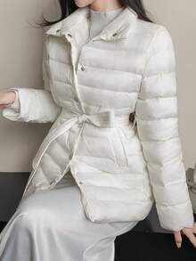 DAZY 女式格纹收腰轻薄夹棉外套，修身版型，秋冬夹克 - 米色 - 查看 2