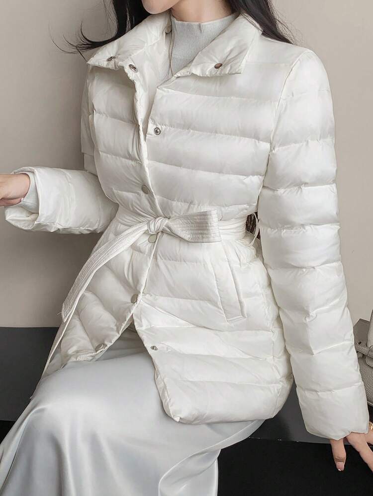 Women's Plaid Cinched Waist Lightweight Padded Coat, Slim Fit, Autumn/Winter Jacket
