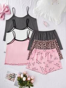 SHEIN 6pcs/Set Plus Size Casual Printed Camisole Top & Shorts Pajama Set, Outfits