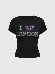 ROMWE J-Fashion Y2K Kpop风格时尚女式短款T恤，迷彩印花，饰有水钻美国国旗和英文文字图案 - 黑色 - 查看 1