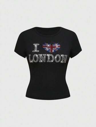 J-Fashion T-shirt court style Y2K Kpop avec imprimé camouflage, drapeau USA en strass et graphique avec texte anglais