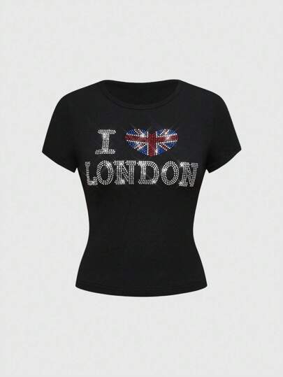J-Fashion Y2K Kpop Style Stylish Woman Cropped T-Shirt With Camouflage Print, Rhinestone USA Flag & English Text Graphic