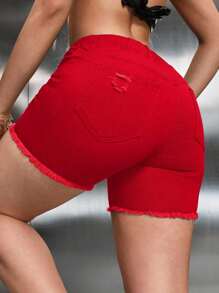 SHEIN SXY Summer Casual Solid Color Distressed Slim Fit Denim Shorts