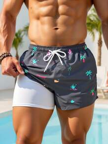 Manfinity Swimmode Shorts casuales de hombre con cintura con cordón y estampado para la playa