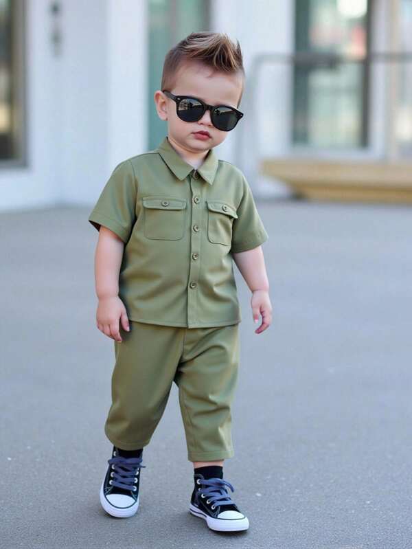 SHEIN 2pcs/Set Baby Boy Summer Casual Striped Short Sleeve Shirt & Elastic Waist Cargo Pants Outfit, Suitable For Birthday Party, Evening Party, Performance, Wedding, Baby Shower, 1st Birthday Celebration