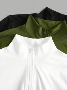 Slaydiva 3 件套简约休闲女式秋冬弹力半拉链 T 恤，V 领，紧身长袖，白色 + 黑色 + 灰色