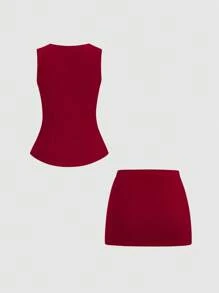 SHEIN PETITE 春夏休闲商务装方领高腰金扣短裙套装酒红色小码 - 酒紅色 - 查看 2