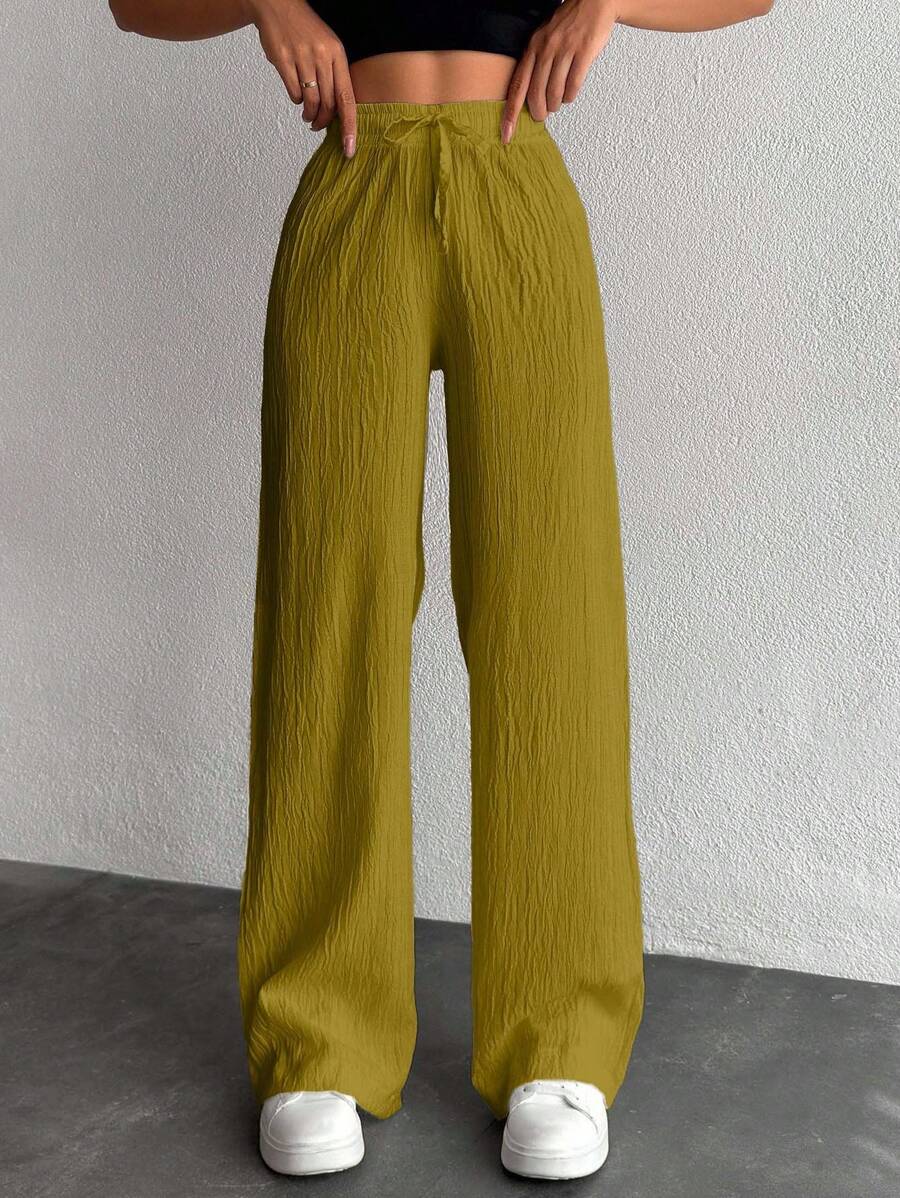 EURMUSE Pantalones largos con cordón de cintura de unicolor para mujeres de talla pequeña - Verde Oliva - Ver 1