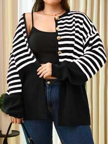 EURMUSE Plus Size Casual Striped Pattern Drop Shoulder Cardigan - Black and White - View 1
