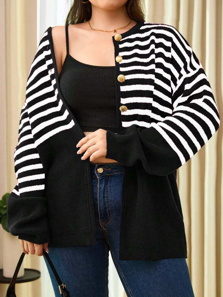 EURMUSE Plus Size Casual Striped Pattern Drop Shoulder Cardigan - Black and White - View 1