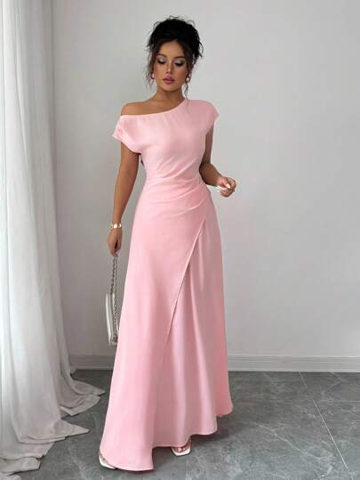 Elenzga 2pcs Women's Summer Elegant Asymmetrical Hem Strapless Short Sleeve Top And Solid Color A-Line Skirt Set