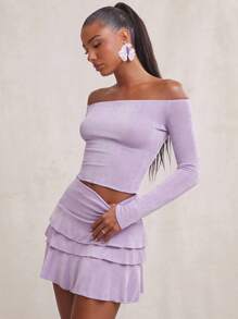 NYA SZN Figurbetonte gerippte Top mit Rüschenbesatz, flieder lila süßer Sommer-Look - Violett - Übersicht 3