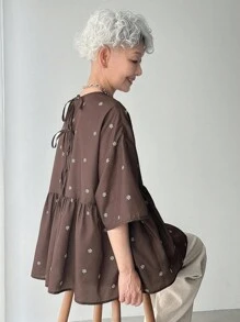 FRIFUL Women's Backless Tie-Up Ruched Ditsy Floral Casual Versatile Blouse - Brown - View 1