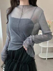 FRIFUL Women's Casual Slim Fit Sheer Mesh Layered High Neck Long Sleeve Blouse With Ruched Cuffs, Versatile For Autumn - Grey - View 3