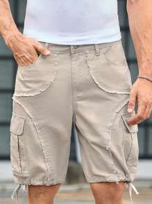 Manfinity VCAY Quần short denim cạp vừa, họa tiết chắp vá bất đối xứng, viền tua rua, thường ngày cho nam, quần short nam, quần short nam, quần short kaki, quần short nam, quần short túi hộp cho nam - Màu be - Xem 5