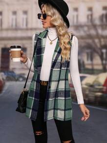SHEIN LUNE Áo khoác vest không tay cổ ve kẻ caro cho nữ - màu xanh lá - Xem 6