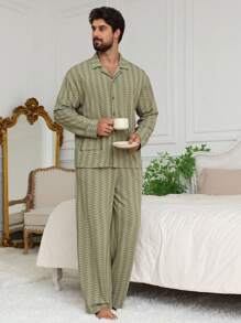 DAZY Geometric Textured Green Shirt + Men Home Wear Set, Spring/Summer Fall,Winter Clothes Pajama - Multicolor - View 5