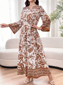 Yasmyna Vestido árabe con estampado floral, cuello en V con muescas y mangas de campana para mujer