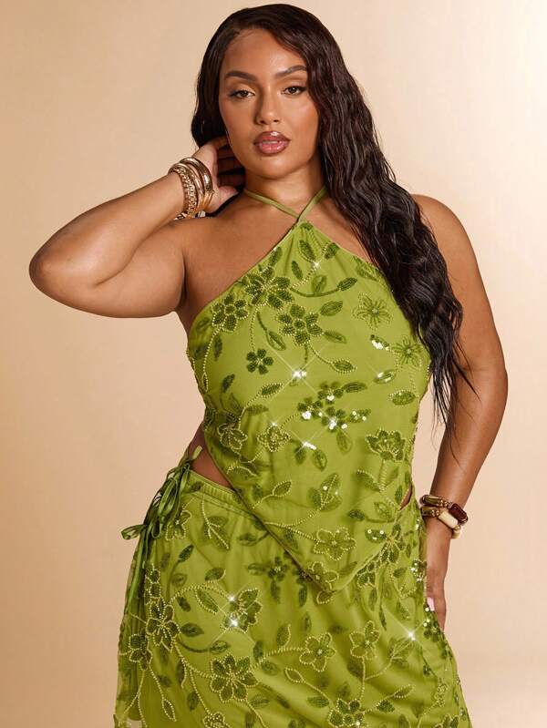 SHEIN BAE Plus Size Pure Green Spaghetti Strap Elegant Pearl Floral Backless Tie Camisole Vest, Glittery Sequin Spaghetti Strap Backless Vest, Suitable For Beach Resort Vacation, Sexy Backless Sequins Pearl Decorated Camisole,Fall Women Clothes,Halloween,Back To School Clothes,School Clothes,Christmas,Winter,Summer Dresses For Women,Wedding Guest Dress Women Curve,Plus Size Dresses,Birthday Outfits For Women,Vacation Outfits Woman,Formal Dresses For Women,Western Wear Women