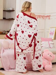 SHEIN 甜心印花睡衣套装，舒适时尚撞色睡袍套装，时尚风格，加大码，秋季服装，舒适装扮