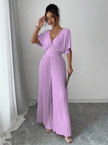 Elenzga 纯色深 V 领蝙蝠袖褶皱优雅女式连体裤 - 淡紫色 - 查看 4