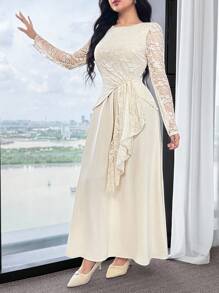 Feyla 女士优雅撞色蕾丝腰收腰圆领长裙 - 杏色 - 查看 5
