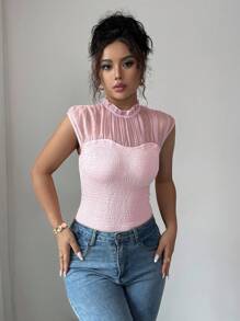 Elenzga Áo thun chui đầu tay lỡ lưới mỏng trong suốt cho nữ, thanh lịch và lãng mạn, thích hợp cho ngày lễ, mùa hè, tốt nghiệp, ngày độc lập, kỳ nghỉ, màu hồng - Hồng - Xem 1