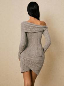 Poéselle Women's Chic Grey Knitted Off The Shoulder Mini Dress,Elegant Autumn Solid Asymmetrical Metal Buttoned Slim Fit Long-Sleeved Dress,Night Out Outfit - Khaki - View 7