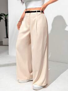 SHEIN EZwear 夏季大码米色系带阔腿休闲裤 - 杏色 - 查看 8