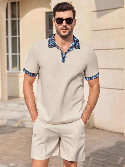 Manfinity NXTstreet 2 件男士休闲印花短袖宽松 POLO 衫套装，夏季'