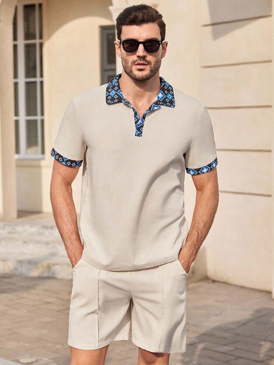 Manfinity NXTstreet 2 件男士休闲印花短袖宽松 POLO 衫套装，夏季' - 彩色 - 查看 1