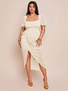 SHEIN BAE 大码女式绿色雪纺褶饰高开衩无袖连衣裙，短袖连衣裙，春夏