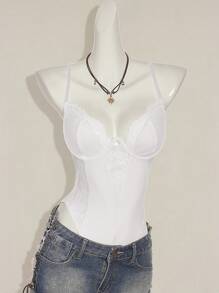 SHEIN ICON Y2K 春季服装狂欢节服装蕾丝拼布紧身吊带背心高腰露背女式连体衣 - 白色 - 查看 6