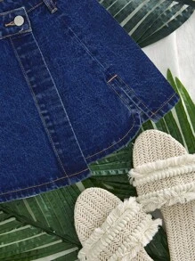 EMERY ROSE 女式蓝色时尚休闲牛仔迷你裙，夏季 - 深色水洗藍 - 查看 4