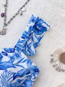 SHEIN 少女蓝白瓷花卉印花扭纹前 V 领无袖连体泳衣，适合海滩度假，优雅，波西米亚风/复古风 - 淺藍色 - 查看 4