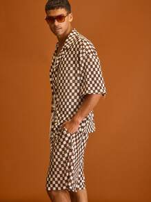 Musero Checkered Boxy Oversized Button Through Short Sleeve Shirt Revere Collar Sets Spring Summer Holiday Vacation - Multicolor - View 2