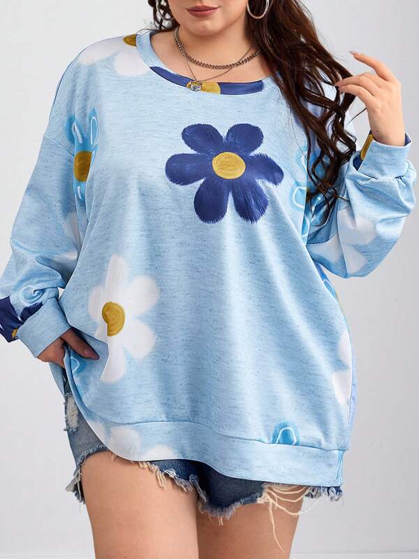 SHEIN CURVE+ Curves Plus Size/Chool Clothes/Back To School Clothes /Back To SchoolPlus Size Women's Allover Print Casual Sweatshirt, Suitable For Autumn/Winter Women Sweatshirt Sweatshirts For Women Cute Sweatshirt Pullover For Women Floral Sweatshirt Fall