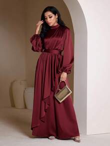 Veilorie 女士优雅纯色灯笼袖超长连衣裙 - 酒紅色 - 查看 7