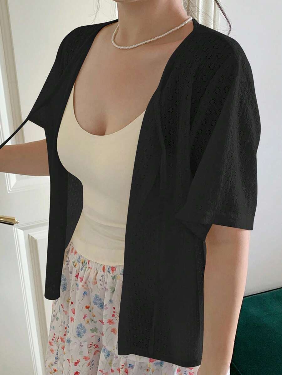 Dazy Plus Áo khoác cardigan ngắn tay buộc phía trước bằng vải họa tiết màu trơn dành cho nữ - màu đen - Xem 1