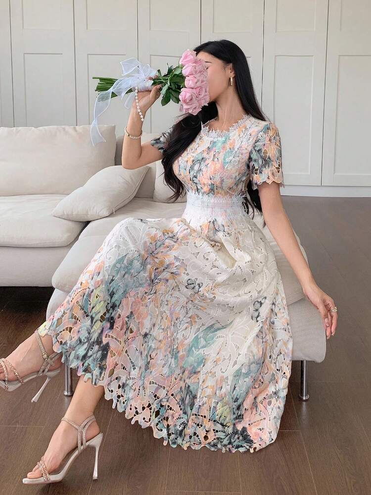 Women Floral Lace Round Neck Short Sleeve Elegant Mid-Length Dress Summer Women Dresses Sundress