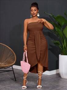 Slaydiva New Spring And Summer Casual Vacation Tube Top With Overlapping Pleat Design In The Front And Center, Curved Hem, Short Front And Long Back, Yellow Vertical Pattern Texture Women's Plus Long Dress,Homecoming Dress - Brown - View 8